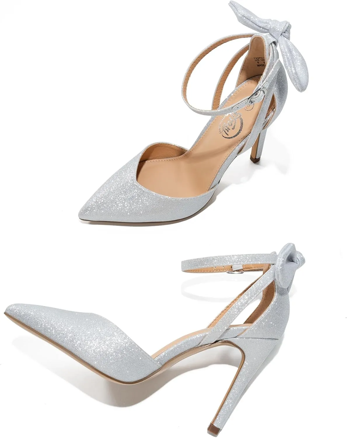 Trary Heels for Women Closed Pointed Toe Heels Women's Pumps Stiletto High Shoes with Bow Knot Comfortable Ankle Strap Office Party Wedding Dress Shoes 3.74" Heel
