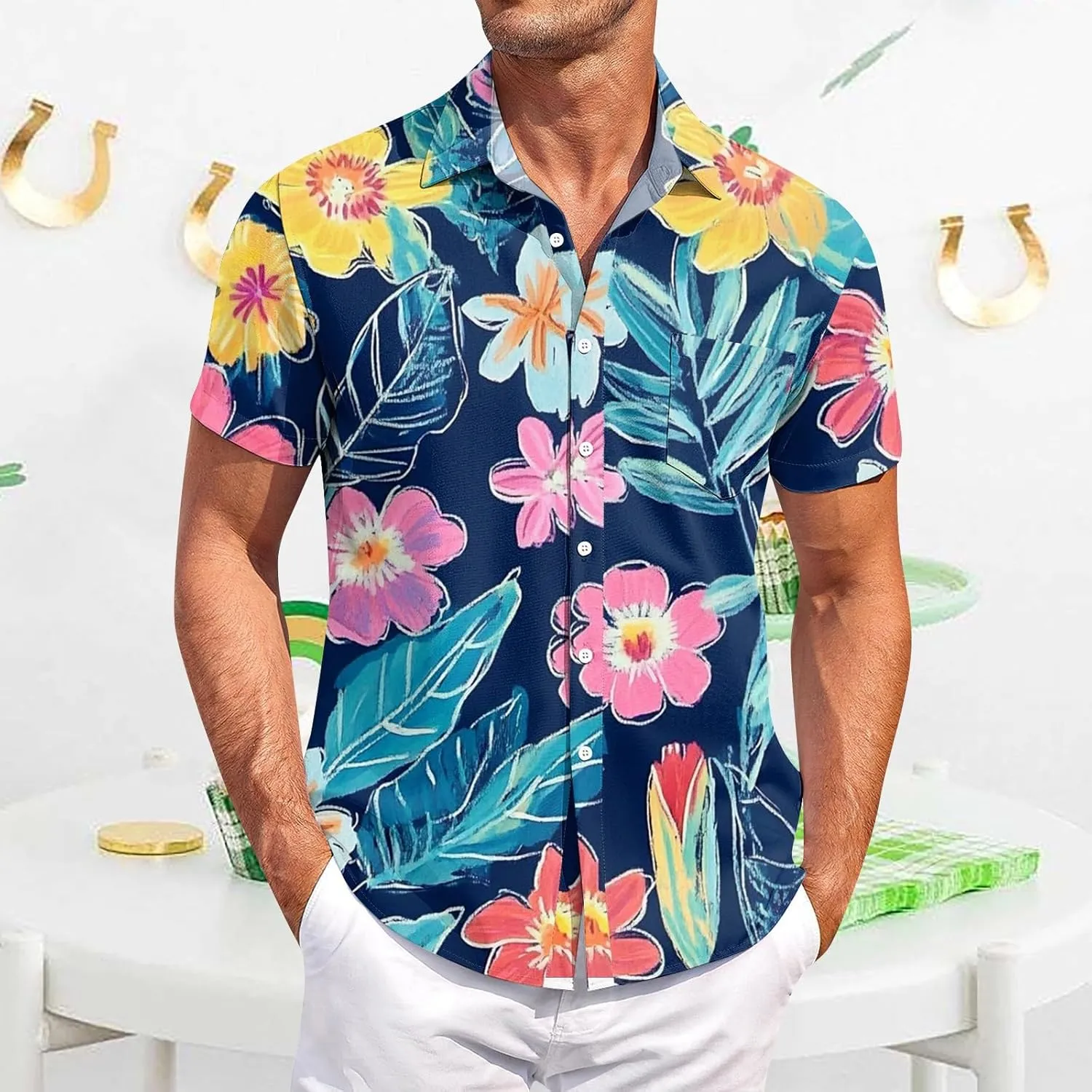 Tropical Hawaiian Shirt for Men Short Sleeve Button Down Shirts Summer Vaction Relaxed Fit Beach Shirt with Pockets