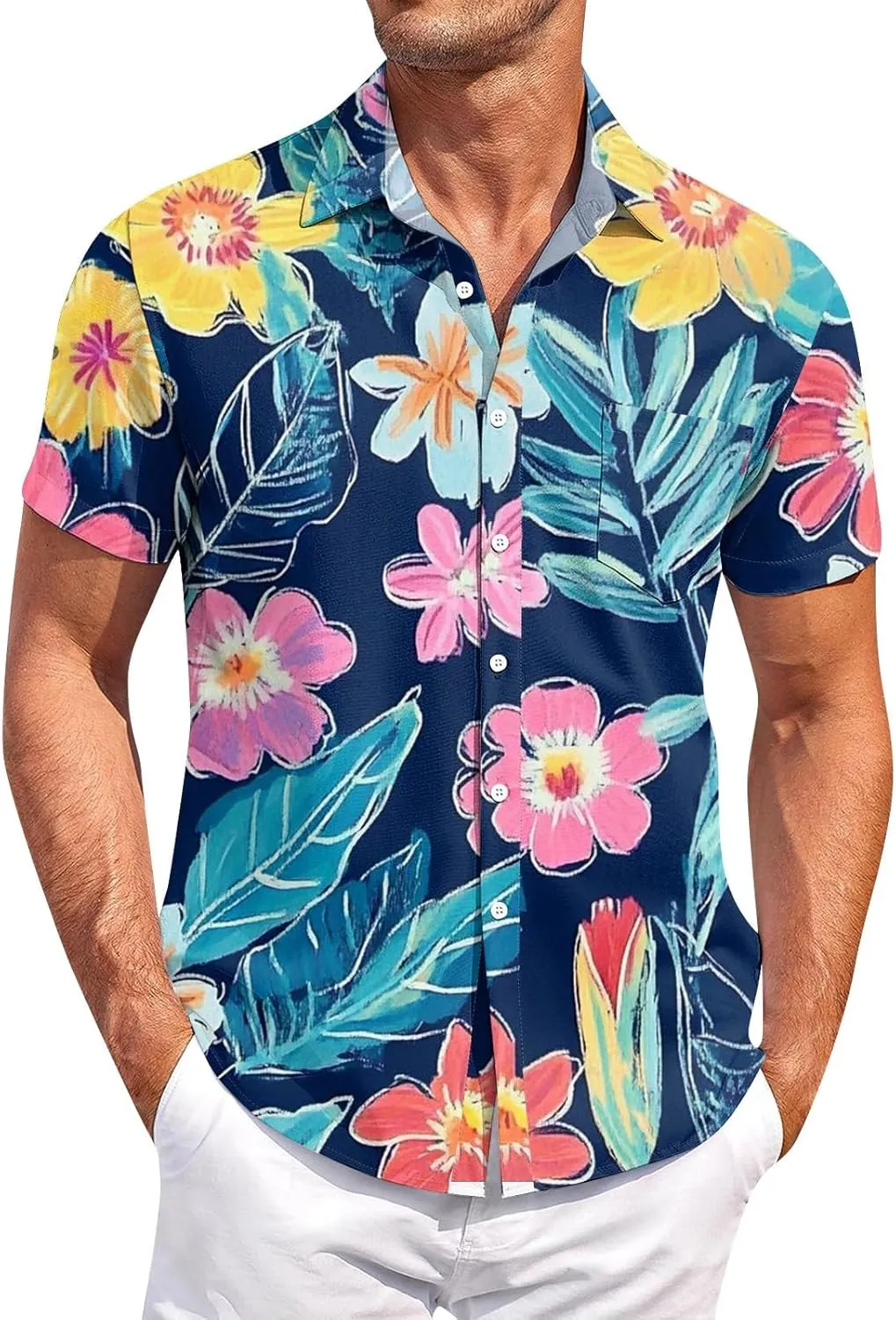 Tropical Hawaiian Shirt for Men Short Sleeve Button Down Shirts Summer Vaction Relaxed Fit Beach Shirt with Pockets