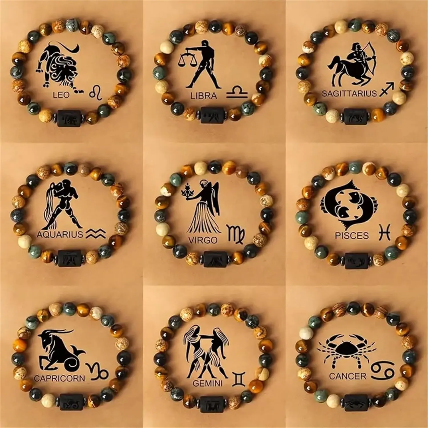 Twelve Zodiac Bracelets,Natural Stone Bead Bracelets, Male and Female zodiac Prayer Blessing stones, Elastic rope bracelets, zodiac friendship prayer bracelets, Jewelry gifts