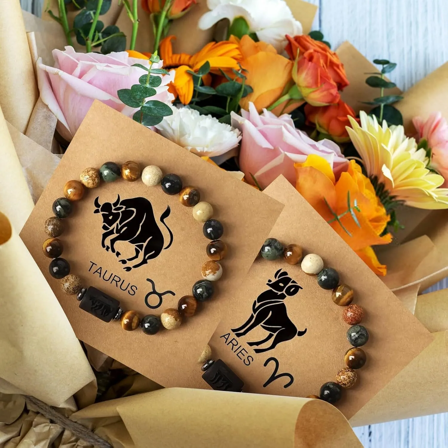 Twelve Zodiac Bracelets,Natural Stone Bead Bracelets, Male and Female zodiac Prayer Blessing stones, Elastic rope bracelets, zodiac friendship prayer bracelets, Jewelry gifts