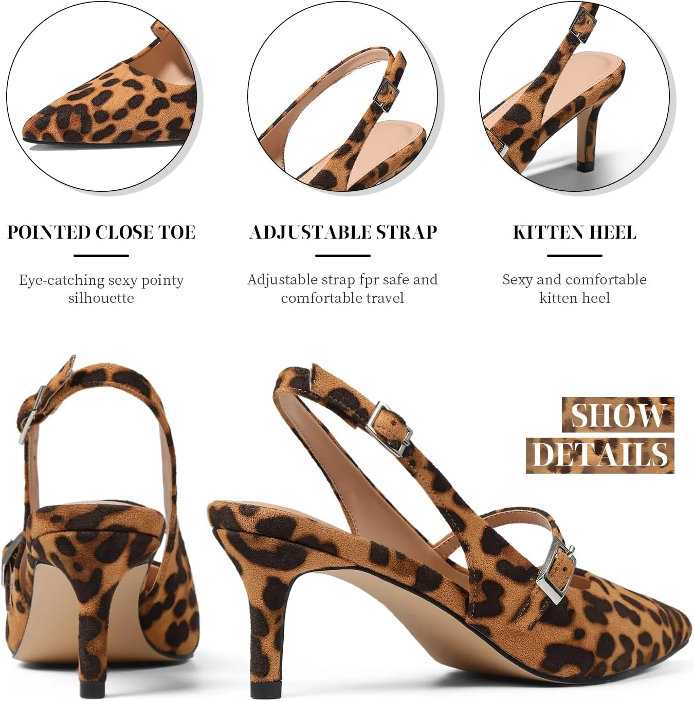 Uacllcau Slingback Kitten Heels for Women Pointed Toe Stiletto Heels Slip On Metallic Slingback Pumps Dress Work Bride Wedding Heeled Sandals Shoes
