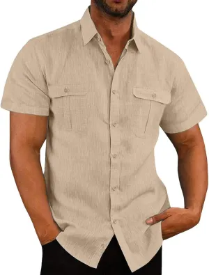 Uillui Cotton Linen Shirts Mens Short Sleeve Shirt Casual Lightweight Button Down Dress Shirts Vacation Beach Fishing Shirts