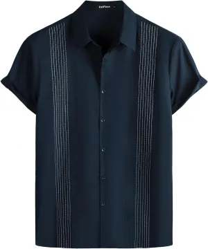 VATPAVE Mens Hawaiian Cotton Linen Shirts Casual Short Sleeve Button Down Shirts Summer Beach Embroidered Shirts