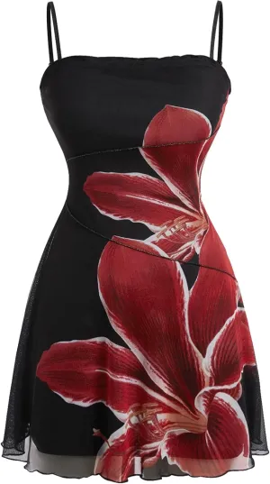 Verdusa Women's Floral 70s Mesh Ruffle Vintage A Line Flared Sundress Sleeveless Cami Short Dress
