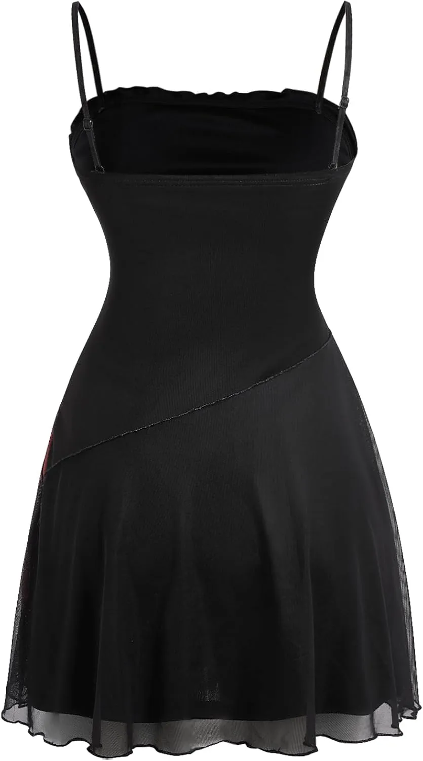 Verdusa Women's Floral 70s Mesh Ruffle Vintage A Line Flared Sundress Sleeveless Cami Short Dress