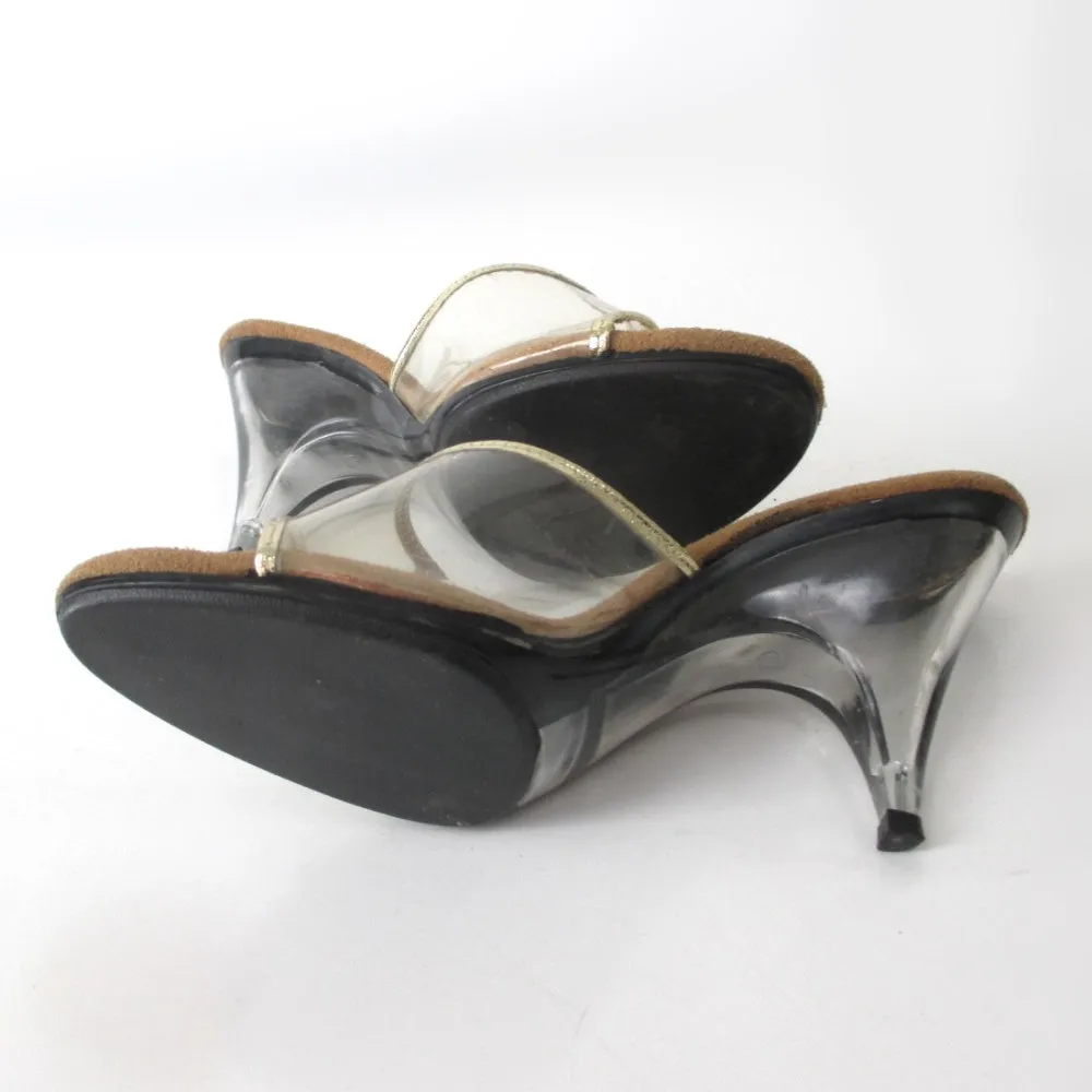 Vintage 70s Clear Lucite Gold Trim Heels Shoes 7