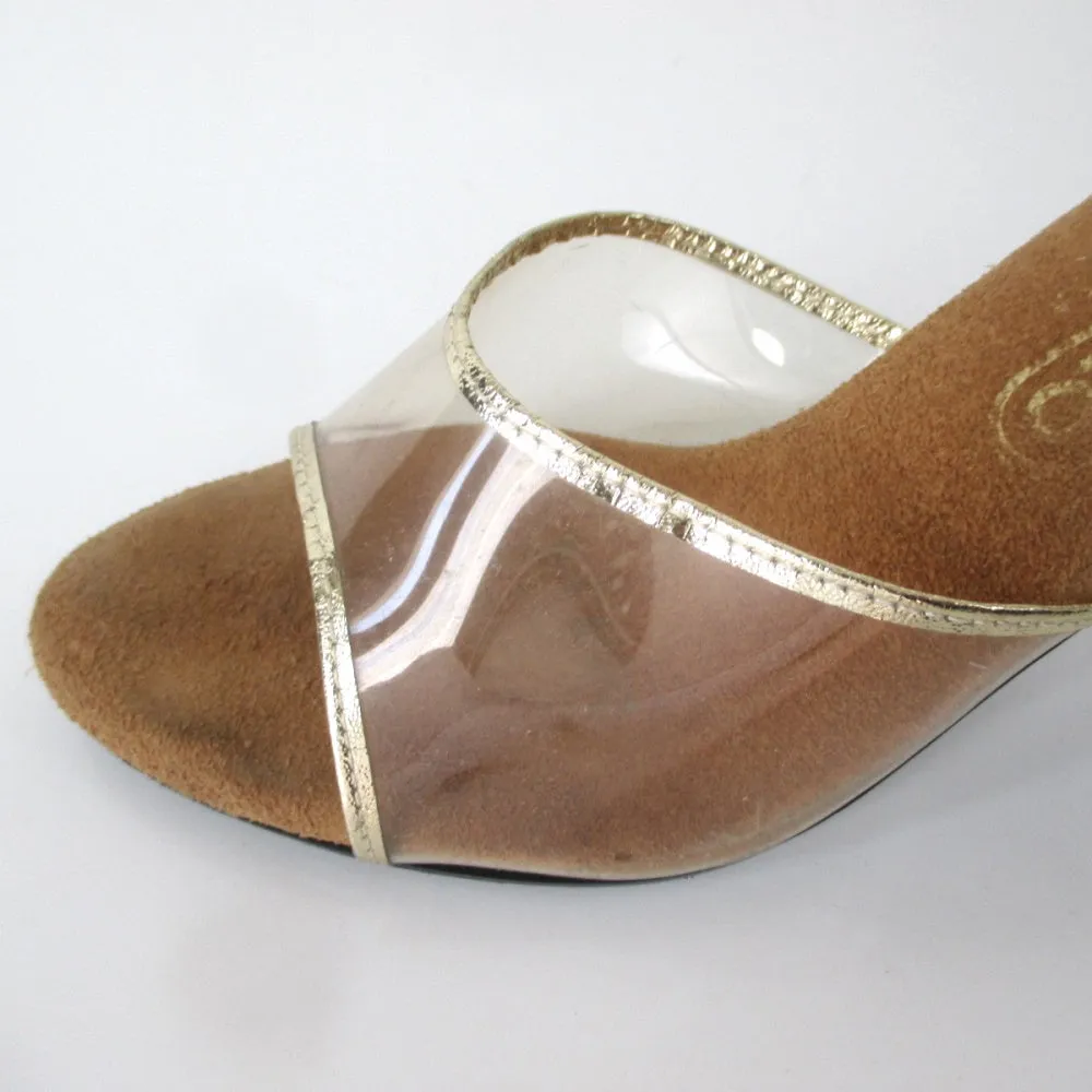 Vintage 70s Clear Lucite Gold Trim Heels Shoes 7