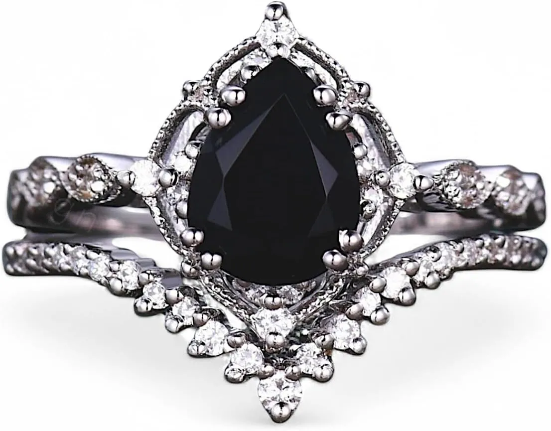 Vintage Art Deco Black Onyx Engagement Ring - Pear Shaped Moissanite Bridal Set, Sterling Silver Curved Stacking Band, Unique Wedding Jewelry Gift for Women