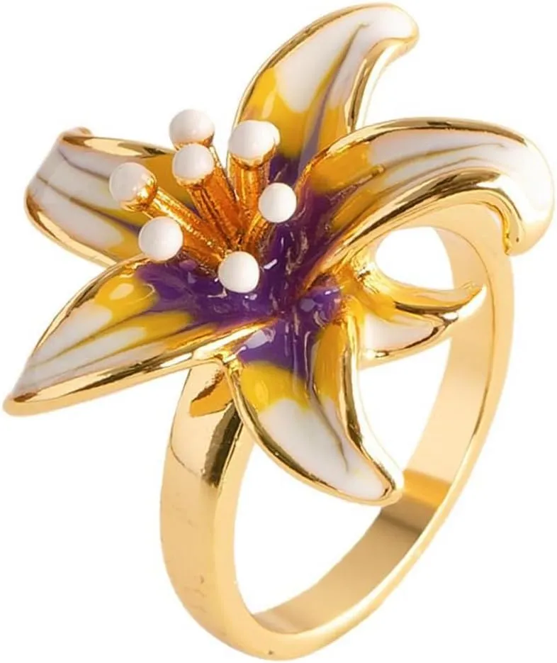 Vintage Lily Floral Statement Ring for Women Enamel Purple Flower Open Adjustable Finger Bands Stacking Wedding Eternity Bands Rings Jewelry