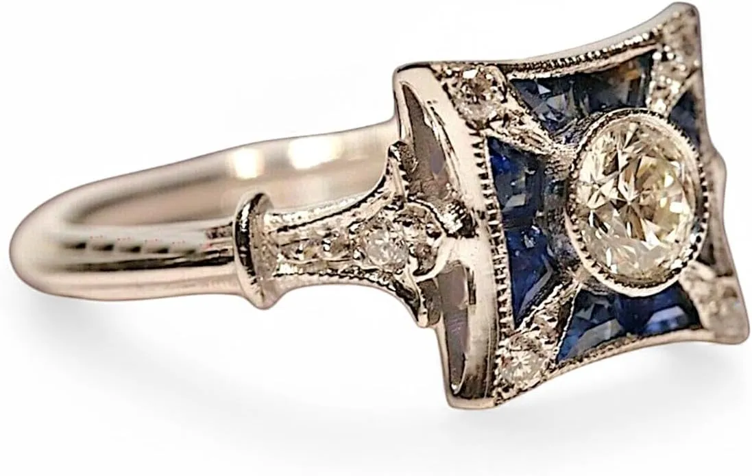 Vintage Old European Art Deco Diamond & Sapphire Ring for Women  Silver Plated Engagement Ring, Antique Style Square Halo Ring, Fine Jewelry Gift