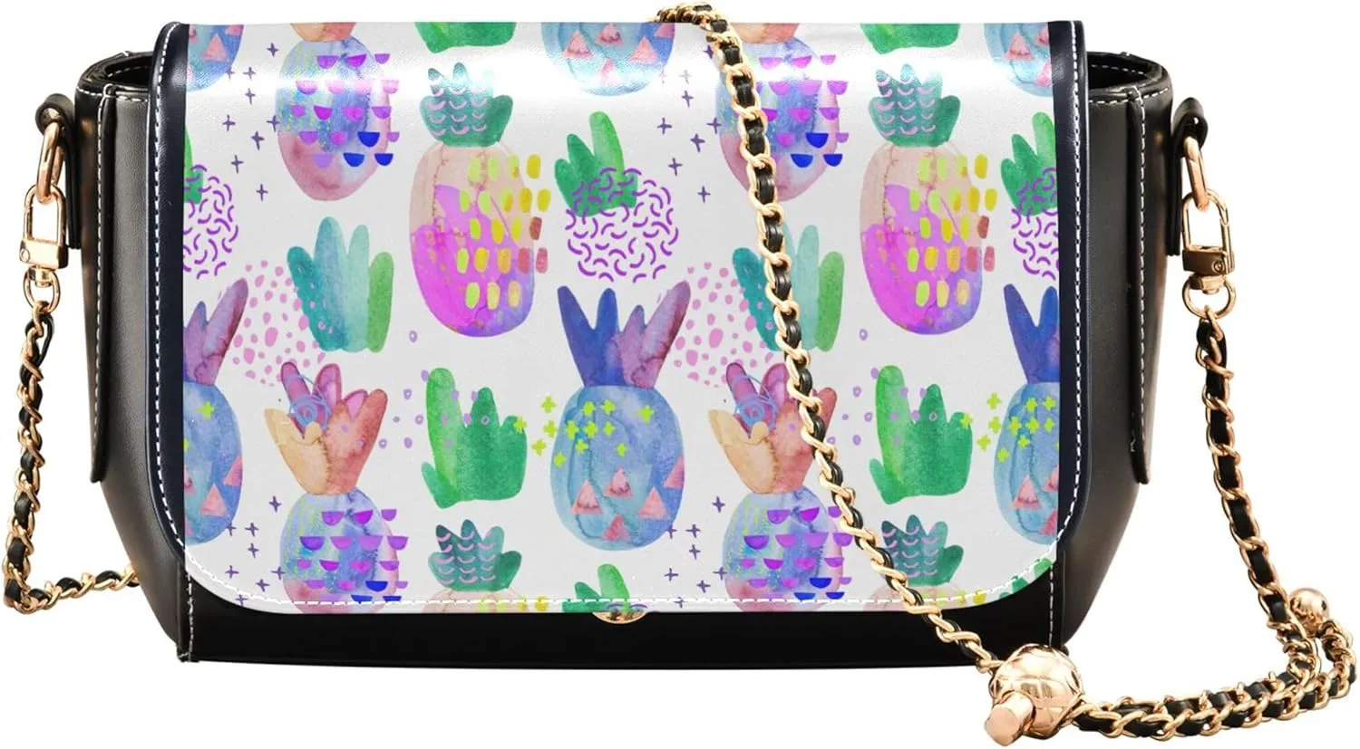 Watercolor Pineapple Cactus Women Crossbody Bag Purses Colorful Women Shoulder Leather Bags Satchel with Chain Strap
