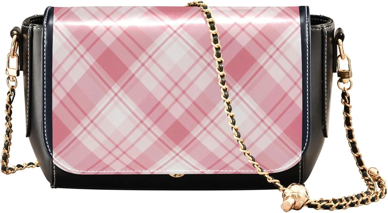 Waterproof Leather Shoulder Bags, Pink Colors Plaid Rhombic Women Crossbody Purse Wallet Satchel with Chain Strap