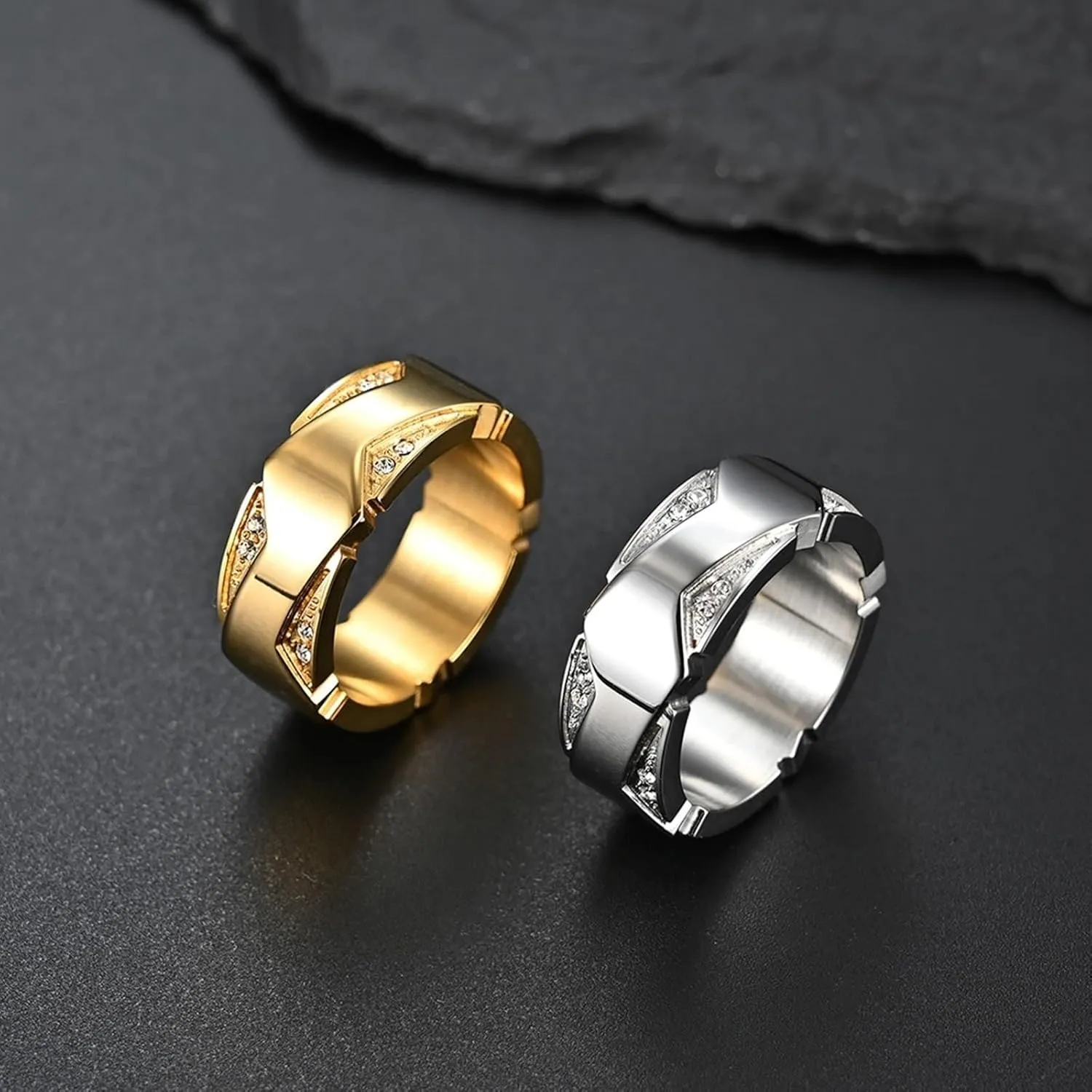 Wedding Rings Sets for Him and Her, Couples Promise Rings Set Stainless Steel Comfort Fit 8.7mm Silver Gold Ring with Cubic Zirconia