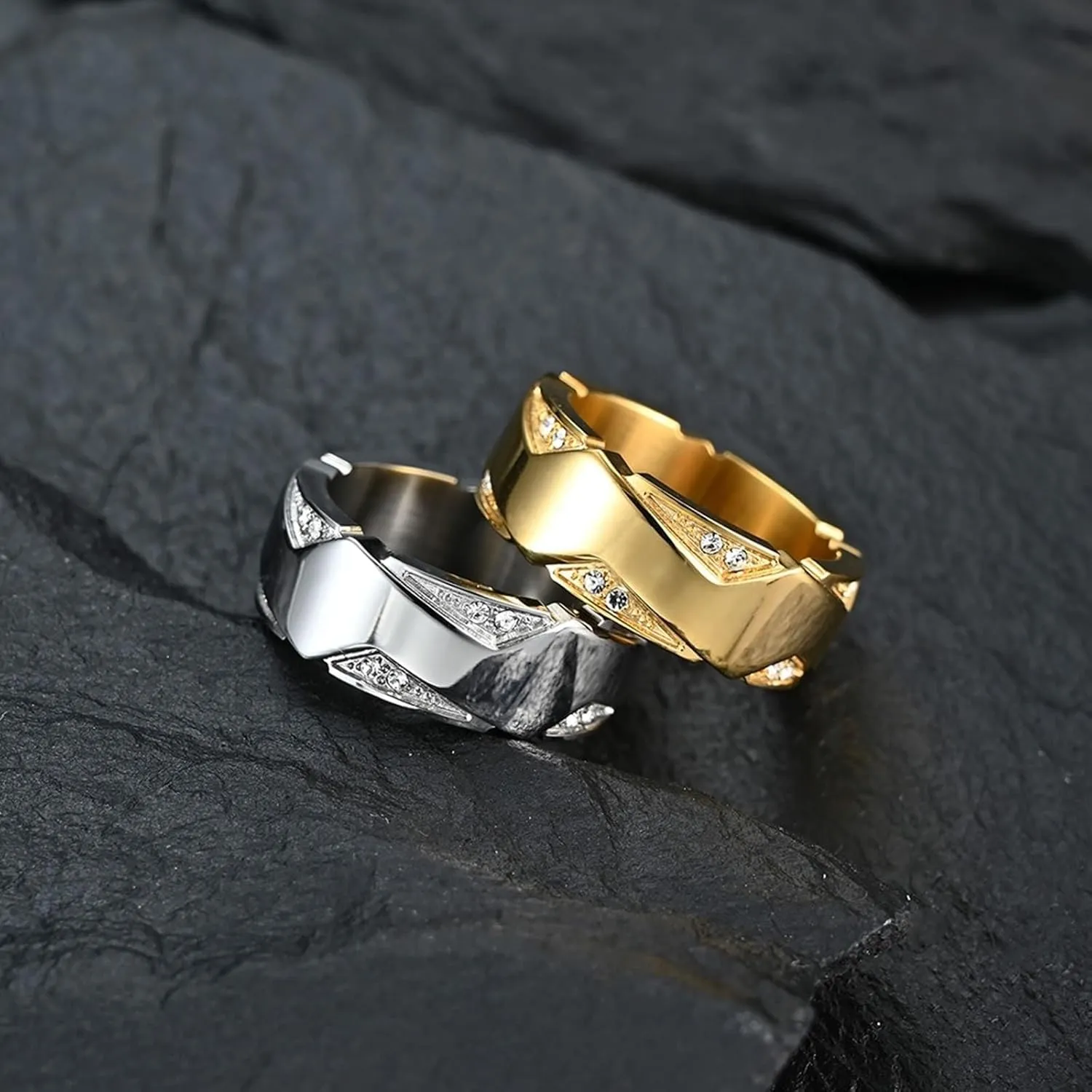 Wedding Rings Sets for Him and Her, Couples Promise Rings Set Stainless Steel Comfort Fit 8.7mm Silver Gold Ring with Cubic Zirconia