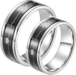 Wedding Rings Sets for Men and Women, Stainless Steel Couples Promise Rings Set Comfort Fit 7mm Black Rotating Ring Heartbeat