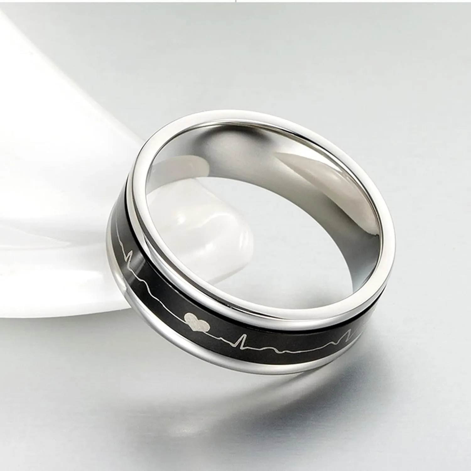 Wedding Rings Sets for Men and Women, Stainless Steel Couples Promise Rings Set Comfort Fit 7mm Black Rotating Ring Heartbeat
