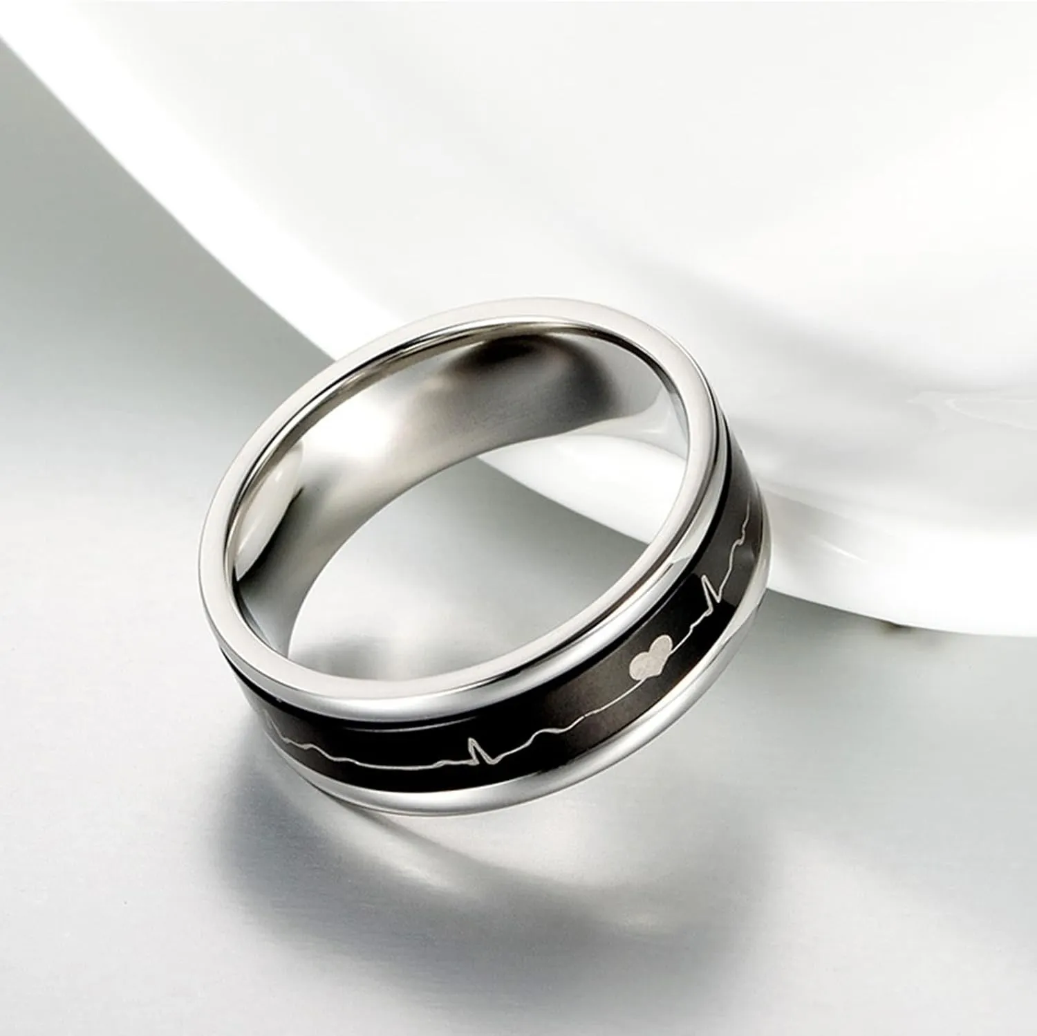 Wedding Rings Sets for Men and Women, Stainless Steel Couples Promise Rings Set Comfort Fit 7mm Black Rotating Ring Heartbeat