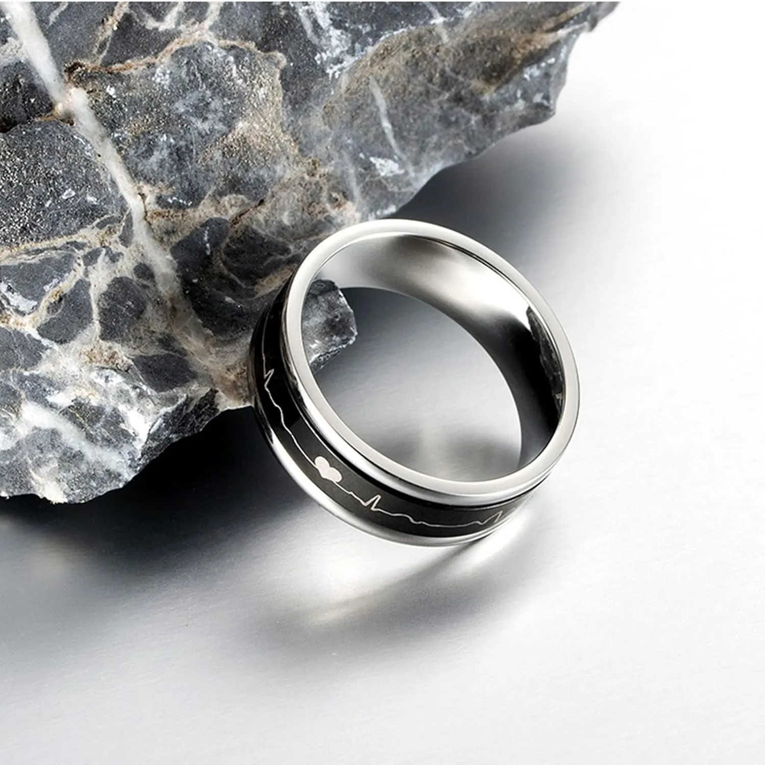 Wedding Rings Sets for Men and Women, Stainless Steel Couples Promise Rings Set Comfort Fit 7mm Black Rotating Ring Heartbeat