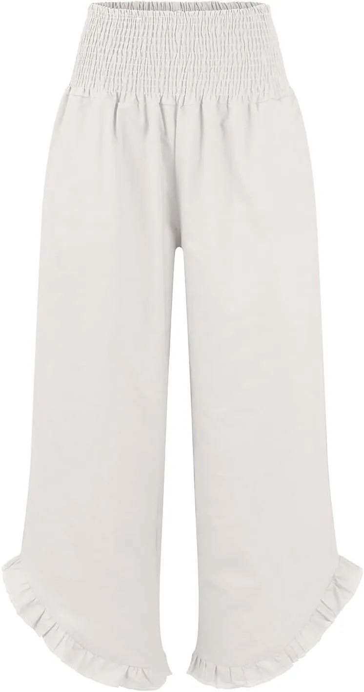 Wide Leg Dress Pants for Women High Waisted Smocked Ruffle Hem Palazzo Pants Summer Casual Loose Beach Pants Pockets