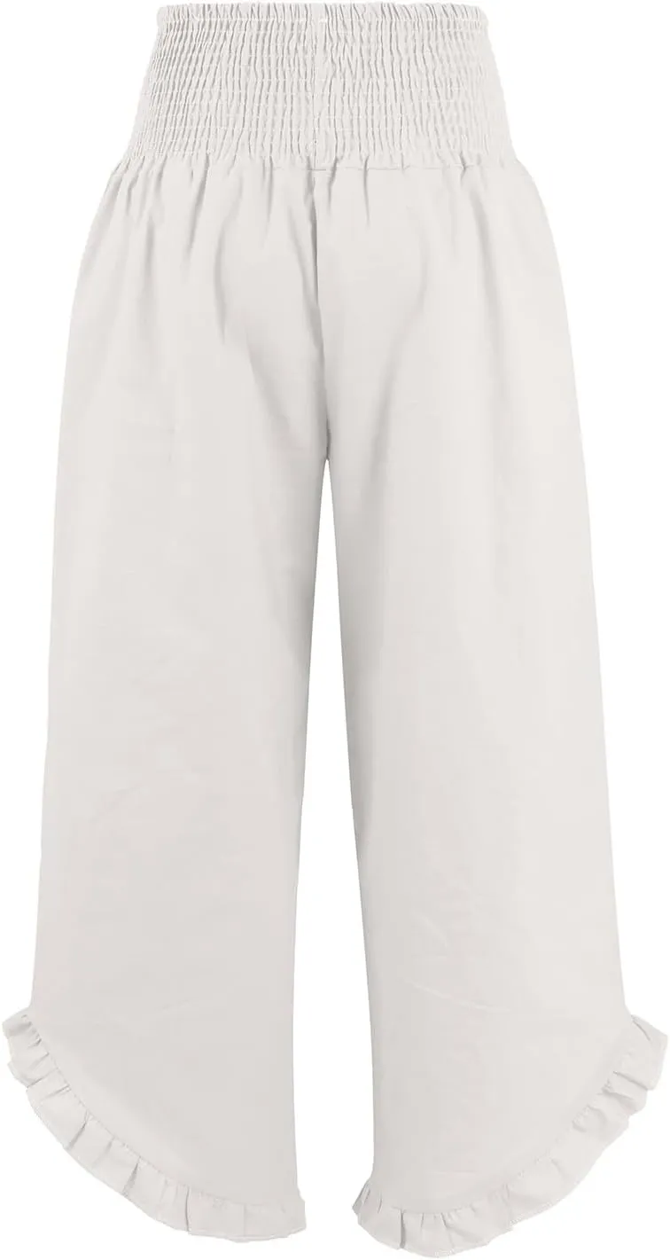 Wide Leg Dress Pants for Women High Waisted Smocked Ruffle Hem Palazzo Pants Summer Casual Loose Beach Pants Pockets