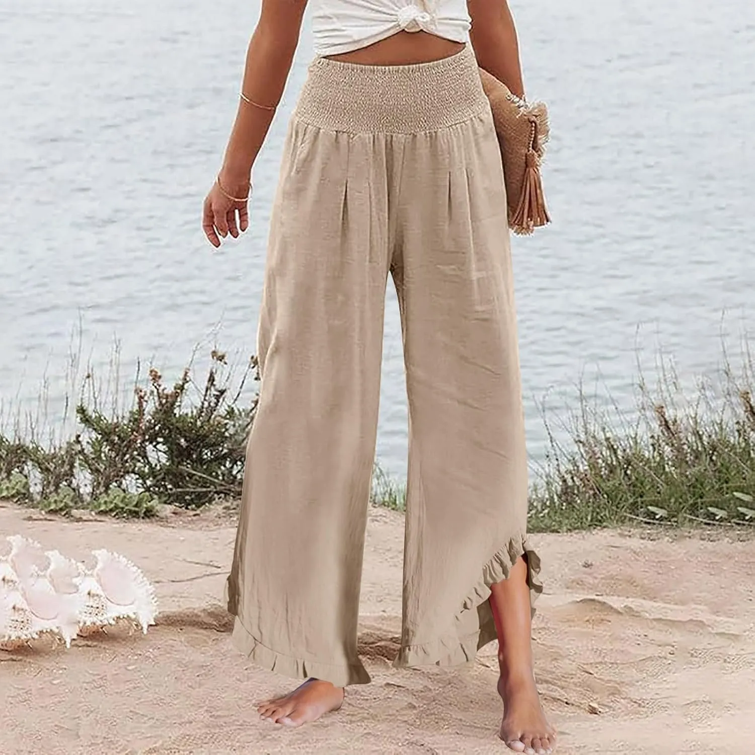 Wide Leg Dress Pants for Women High Waisted Smocked Ruffle Hem Palazzo Pants Summer Casual Loose Beach Pants Pockets