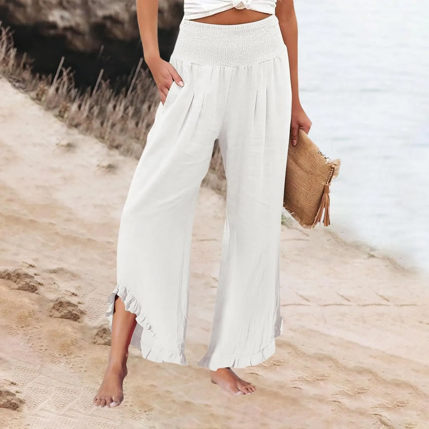 Wide Leg Dress Pants for Women High Waisted Smocked Ruffle Hem Palazzo Pants Summer Casual Loose Beach Pants Pockets