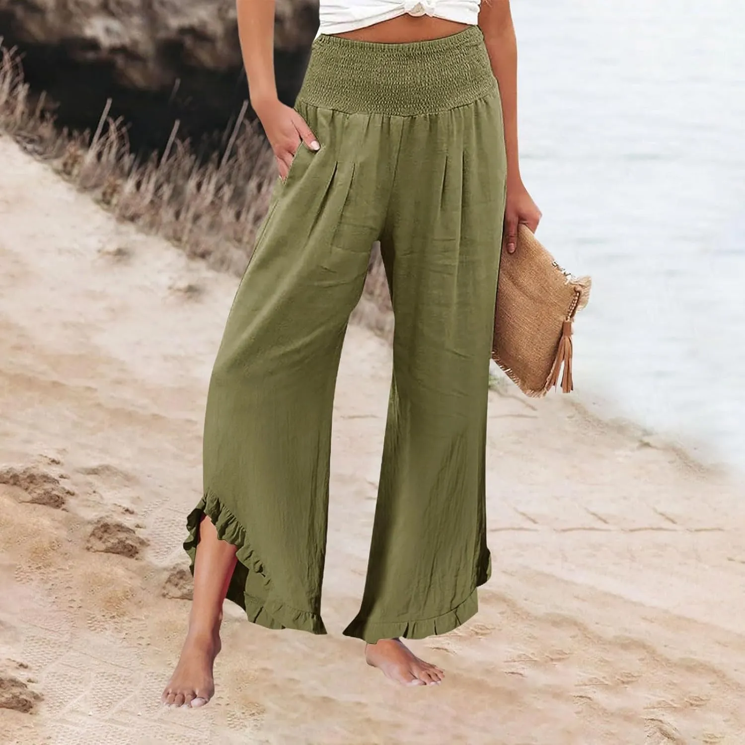 Wide Leg Dress Pants for Women High Waisted Smocked Ruffle Hem Palazzo Pants Summer Casual Loose Beach Pants Pockets
