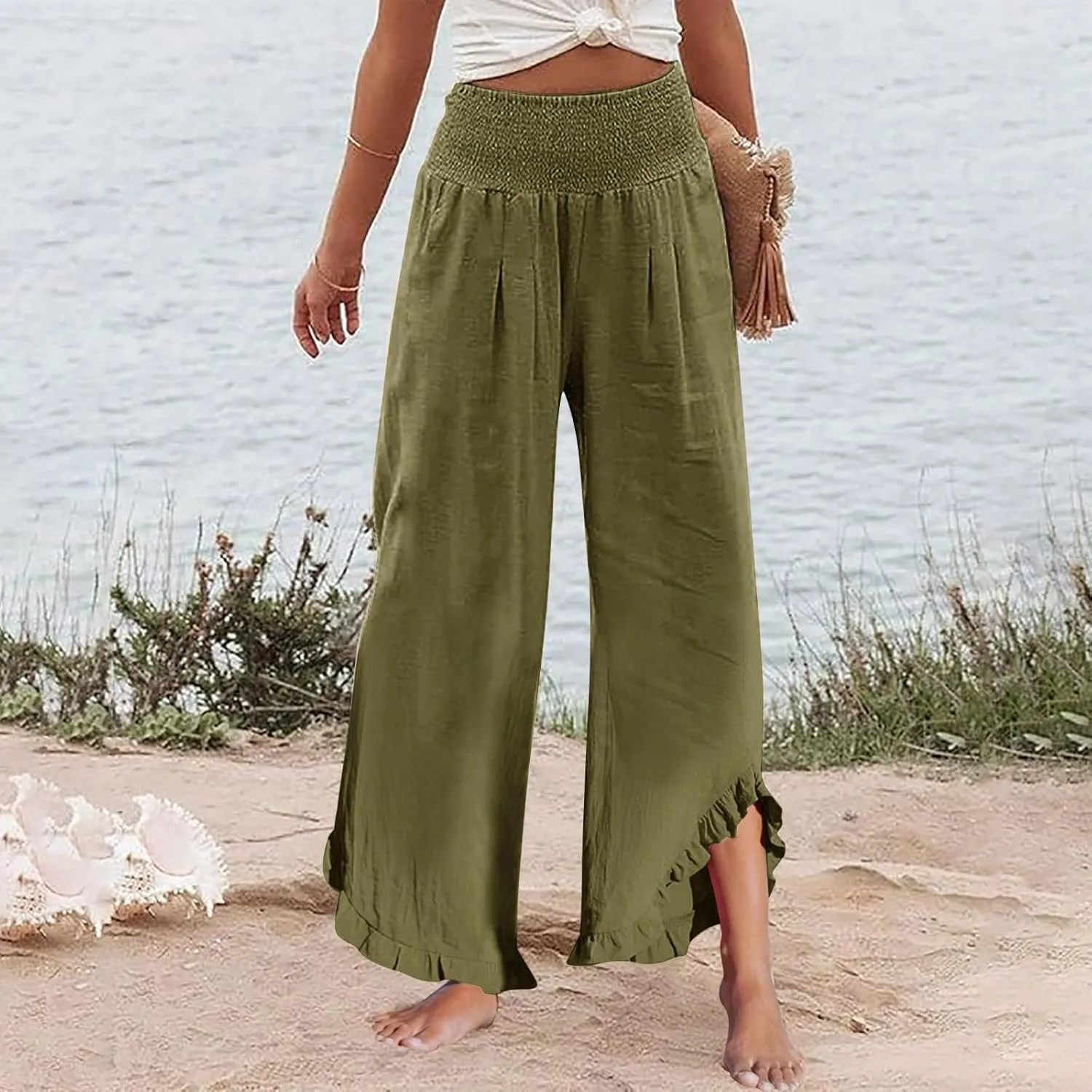 Wide Leg Dress Pants for Women High Waisted Smocked Ruffle Hem Palazzo Pants Summer Casual Loose Beach Pants Pockets