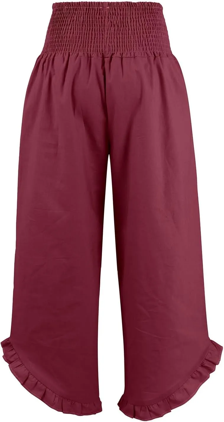 Wide Leg Dress Pants for Women High Waisted Smocked Ruffle Hem Palazzo Pants Summer Casual Loose Beach Pants Pockets