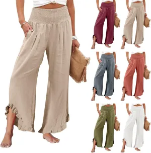 Wide Leg Dress Pants for Women High Waisted Smocked Ruffle Hem Palazzo Pants Summer Casual Loose Beach Pants Pockets