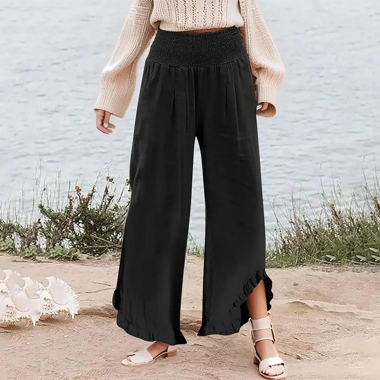 Wide Leg Dress Pants for Women High Waisted Smocked Ruffle Hem Palazzo Pants Summer Casual Loose Beach Pants Pockets