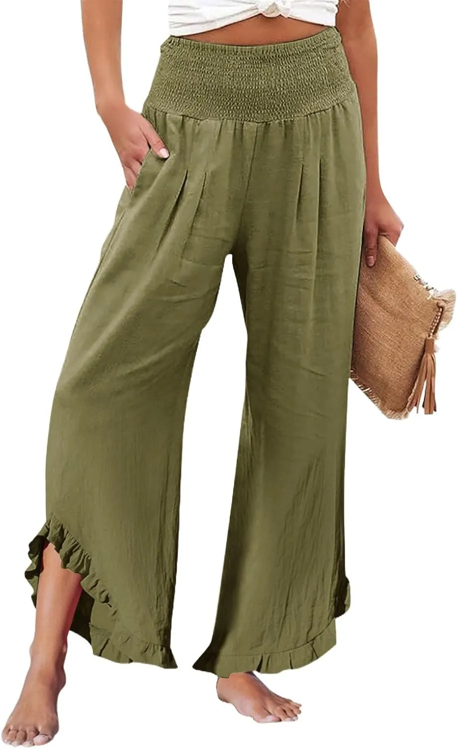 Wide Leg Dress Pants for Women High Waisted Smocked Ruffle Hem Palazzo Pants Summer Casual Loose Beach Pants Pockets
