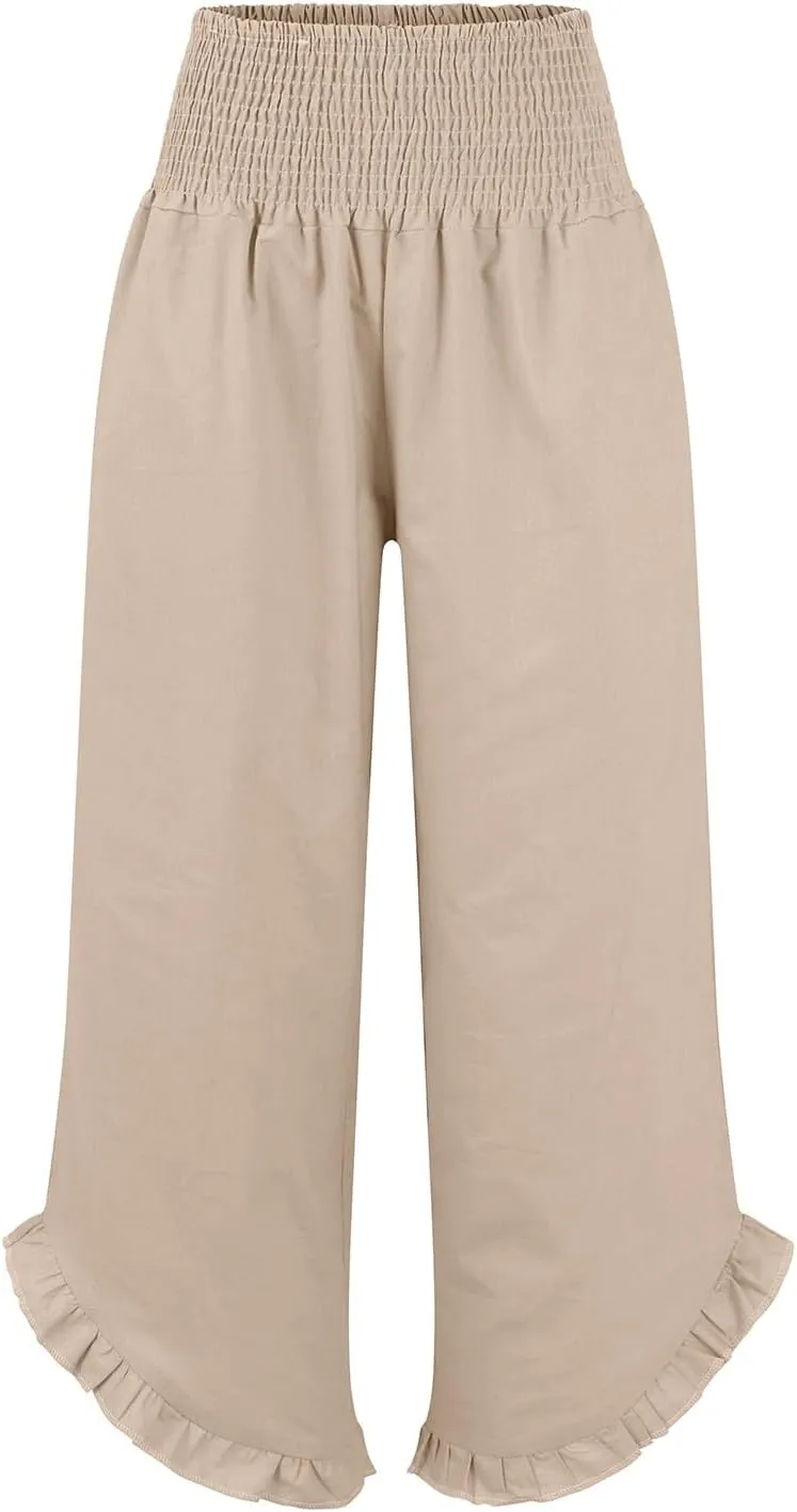 Wide Leg Dress Pants for Women High Waisted Smocked Ruffle Hem Palazzo Pants Summer Casual Loose Beach Pants Pockets