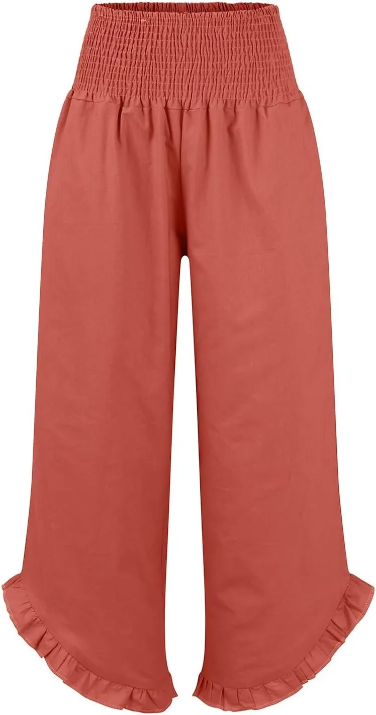 Wide Leg Dress Pants for Women High Waisted Smocked Ruffle Hem Palazzo Pants Summer Casual Loose Beach Pants Pockets