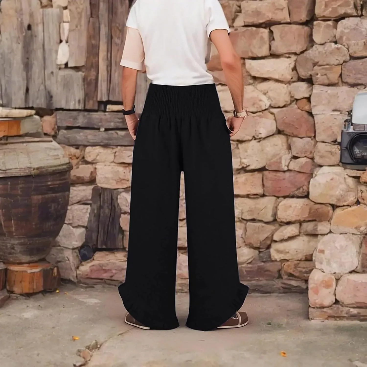 Wide Leg Dress Pants for Women High Waisted Smocked Ruffle Hem Palazzo Pants Summer Casual Loose Beach Pants Pockets