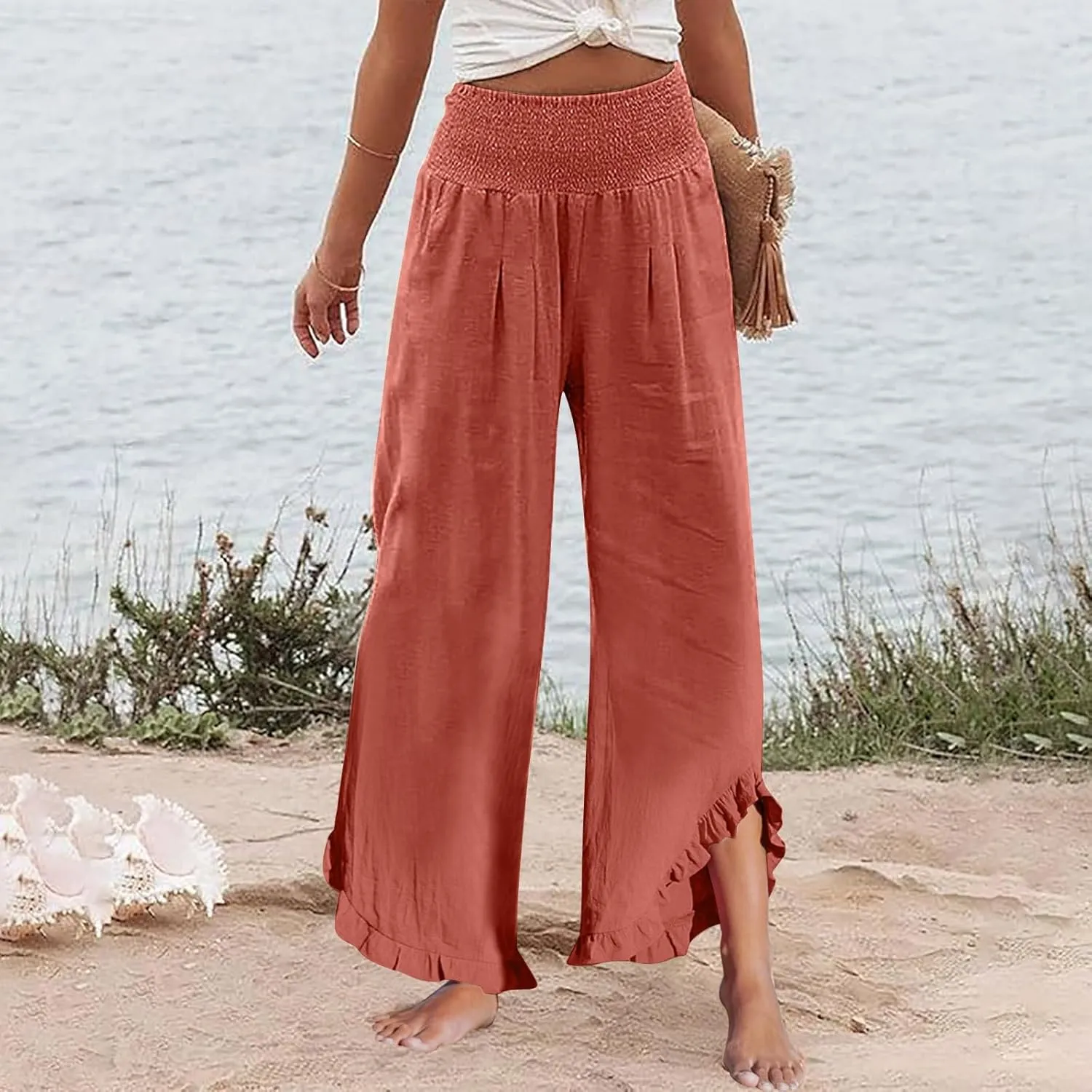 Wide Leg Dress Pants for Women High Waisted Smocked Ruffle Hem Palazzo Pants Summer Casual Loose Beach Pants Pockets