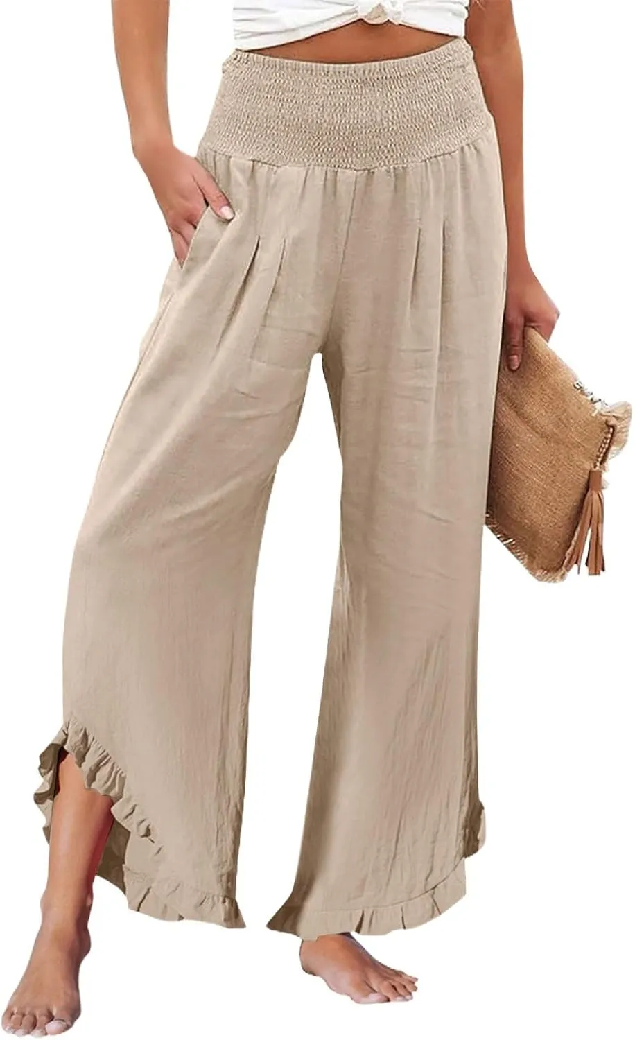 Wide Leg Dress Pants for Women High Waisted Smocked Ruffle Hem Palazzo Pants Summer Casual Loose Beach Pants Pockets