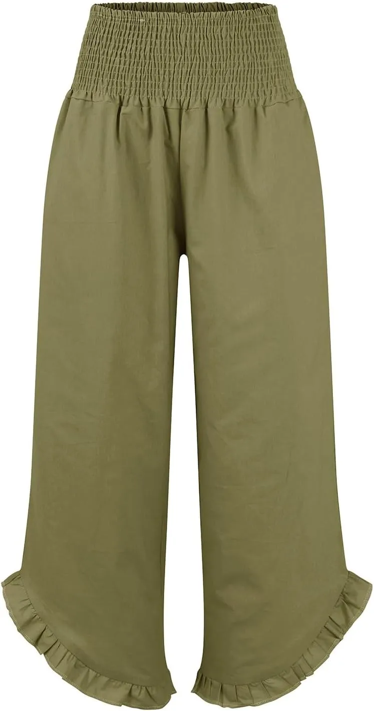 Wide Leg Dress Pants for Women High Waisted Smocked Ruffle Hem Palazzo Pants Summer Casual Loose Beach Pants Pockets