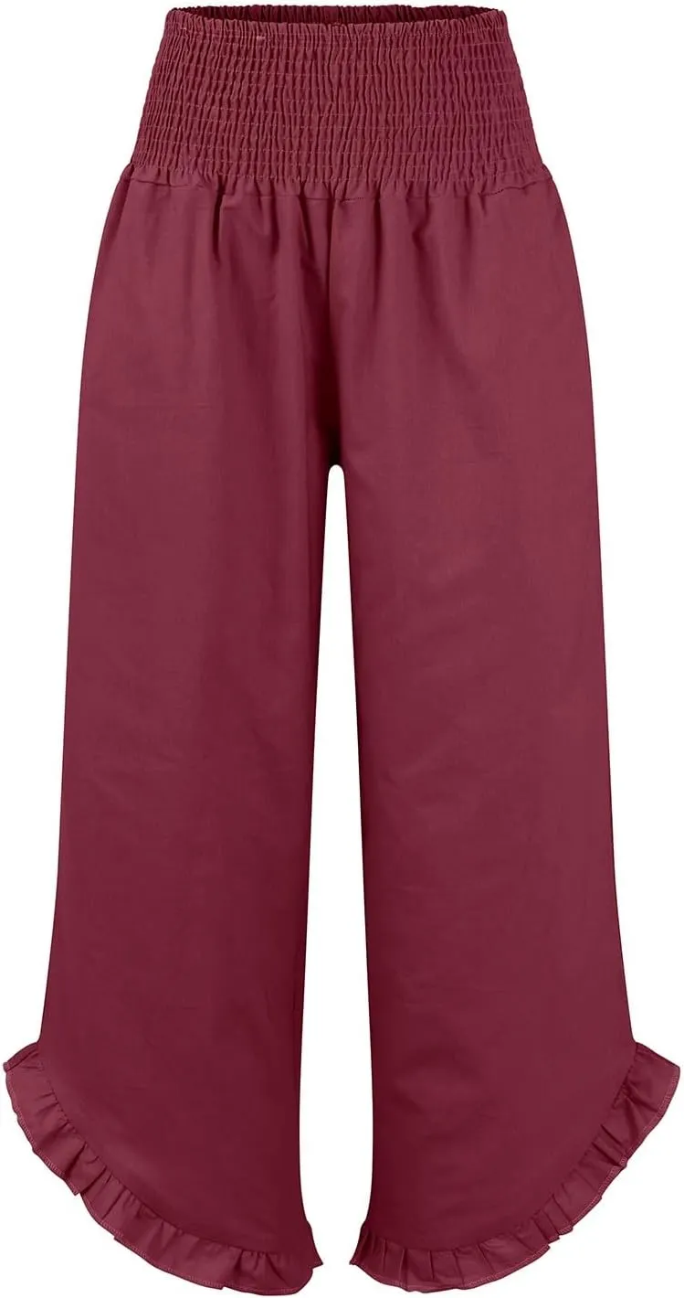 Wide Leg Dress Pants for Women High Waisted Smocked Ruffle Hem Palazzo Pants Summer Casual Loose Beach Pants Pockets