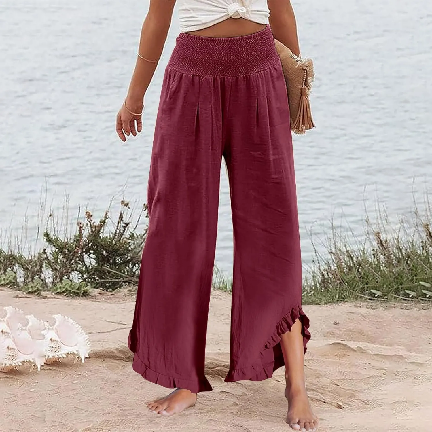 Wide Leg Dress Pants for Women High Waisted Smocked Ruffle Hem Palazzo Pants Summer Casual Loose Beach Pants Pockets