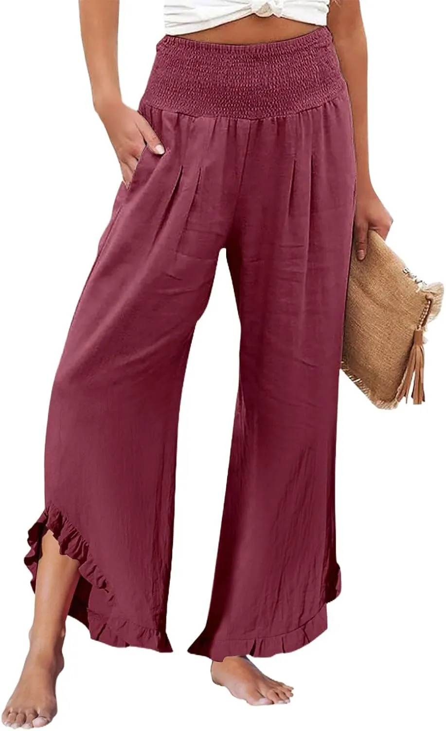 Wide Leg Dress Pants for Women High Waisted Smocked Ruffle Hem Palazzo Pants Summer Casual Loose Beach Pants Pockets