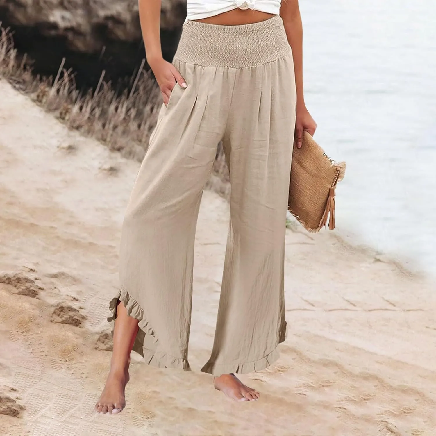 Wide Leg Dress Pants for Women High Waisted Smocked Ruffle Hem Palazzo Pants Summer Casual Loose Beach Pants Pockets