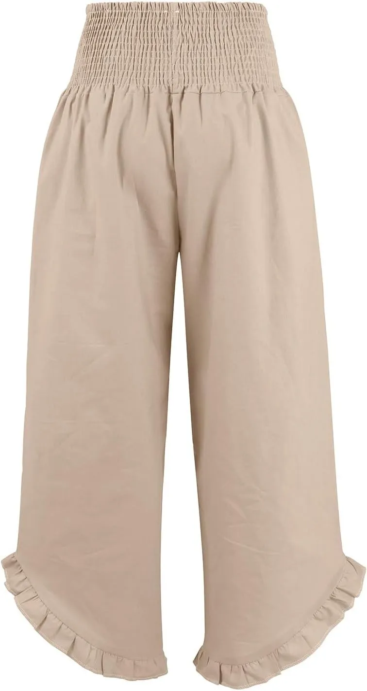 Wide Leg Dress Pants for Women High Waisted Smocked Ruffle Hem Palazzo Pants Summer Casual Loose Beach Pants Pockets