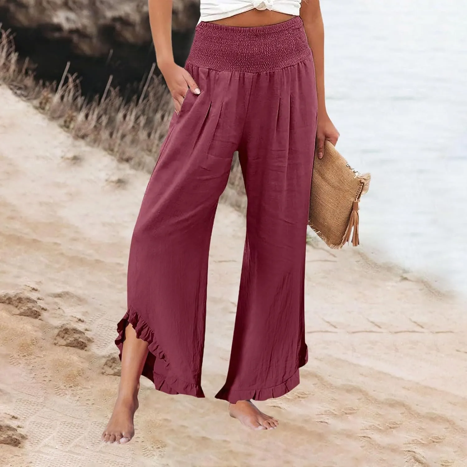 Wide Leg Dress Pants for Women High Waisted Smocked Ruffle Hem Palazzo Pants Summer Casual Loose Beach Pants Pockets