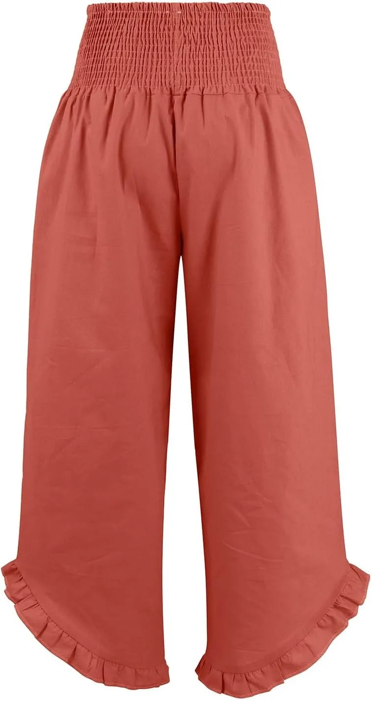 Wide Leg Dress Pants for Women High Waisted Smocked Ruffle Hem Palazzo Pants Summer Casual Loose Beach Pants Pockets