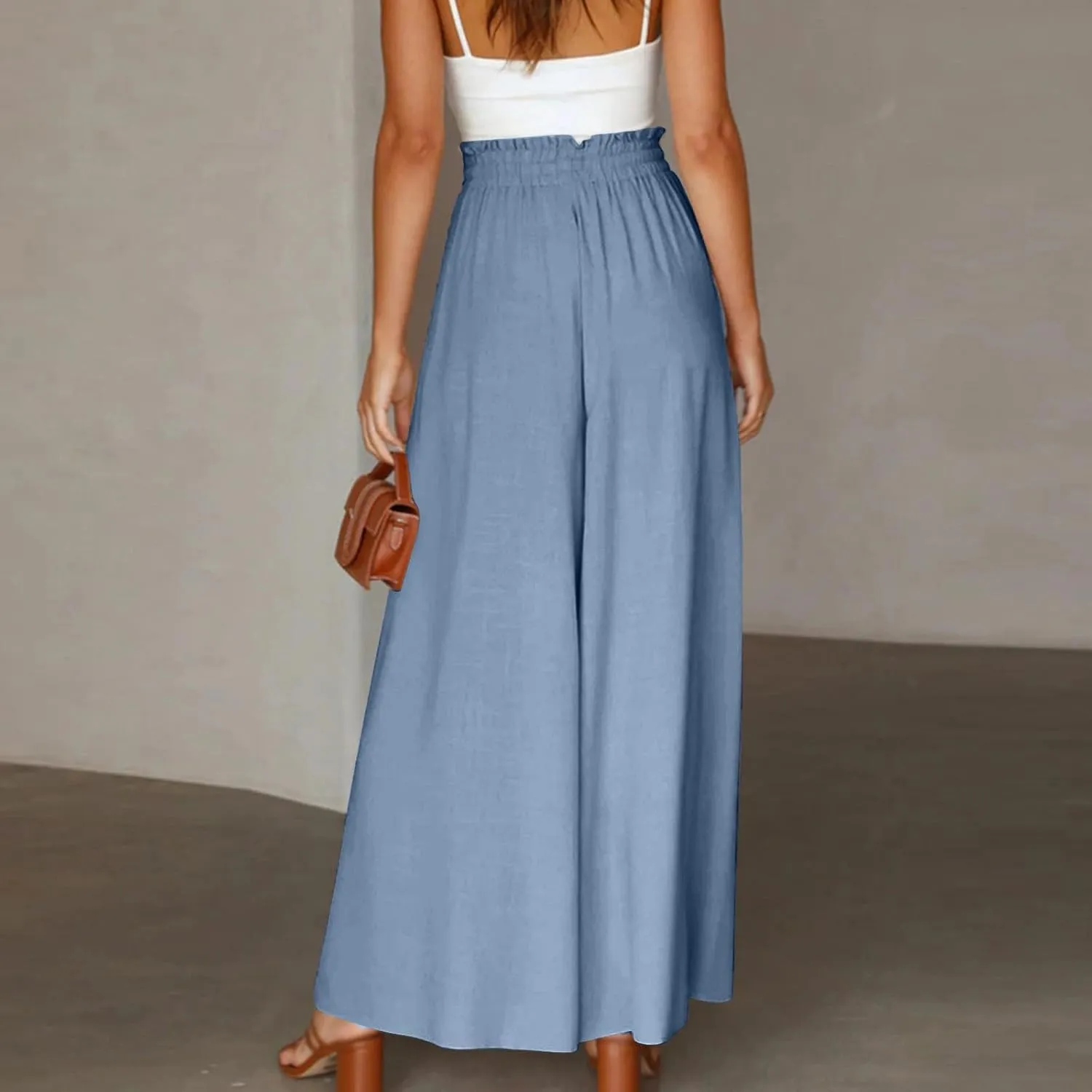 Wide Leg Palazzo Pants for Women Fashion High Waisted Pants Summer Chiffon with Pockets Lounge Solid Drawstring Clothes
