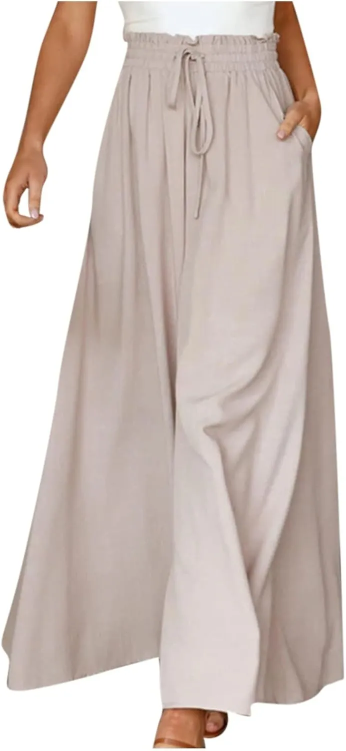 Wide Leg Palazzo Pants for Women Fashion High Waisted Pants Summer Chiffon with Pockets Lounge Solid Drawstring Clothes