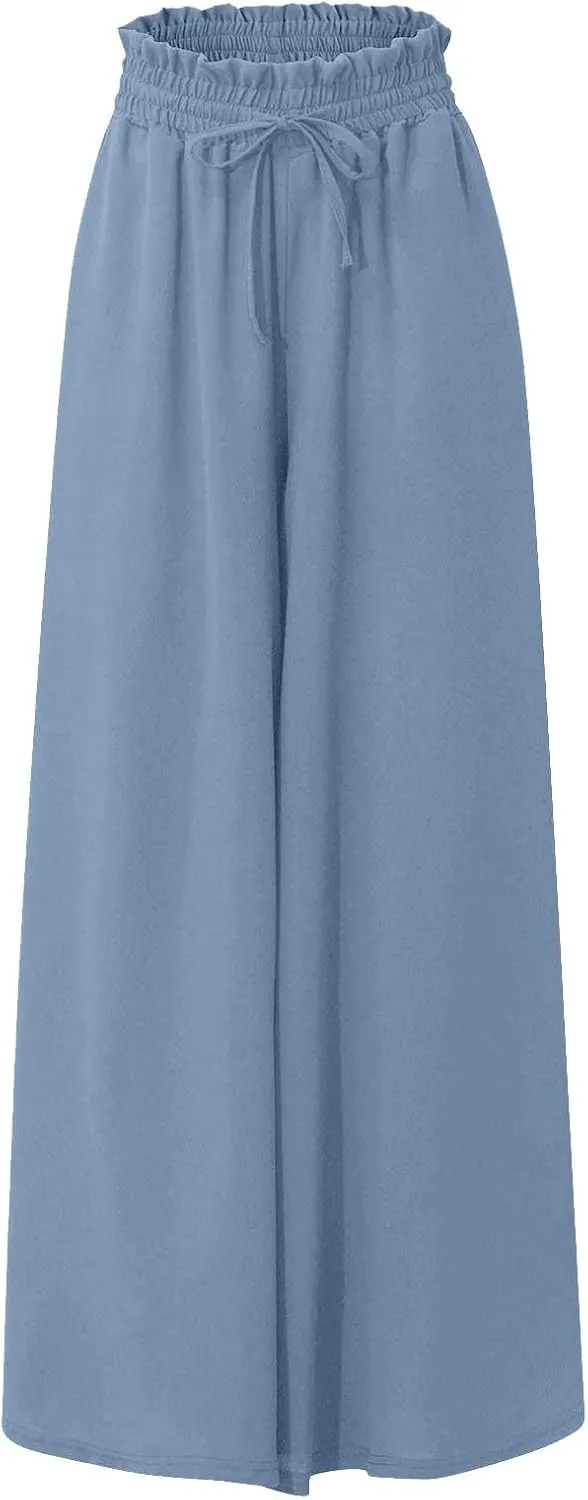 Wide Leg Palazzo Pants for Women Fashion High Waisted Pants Summer Chiffon with Pockets Lounge Solid Drawstring Clothes
