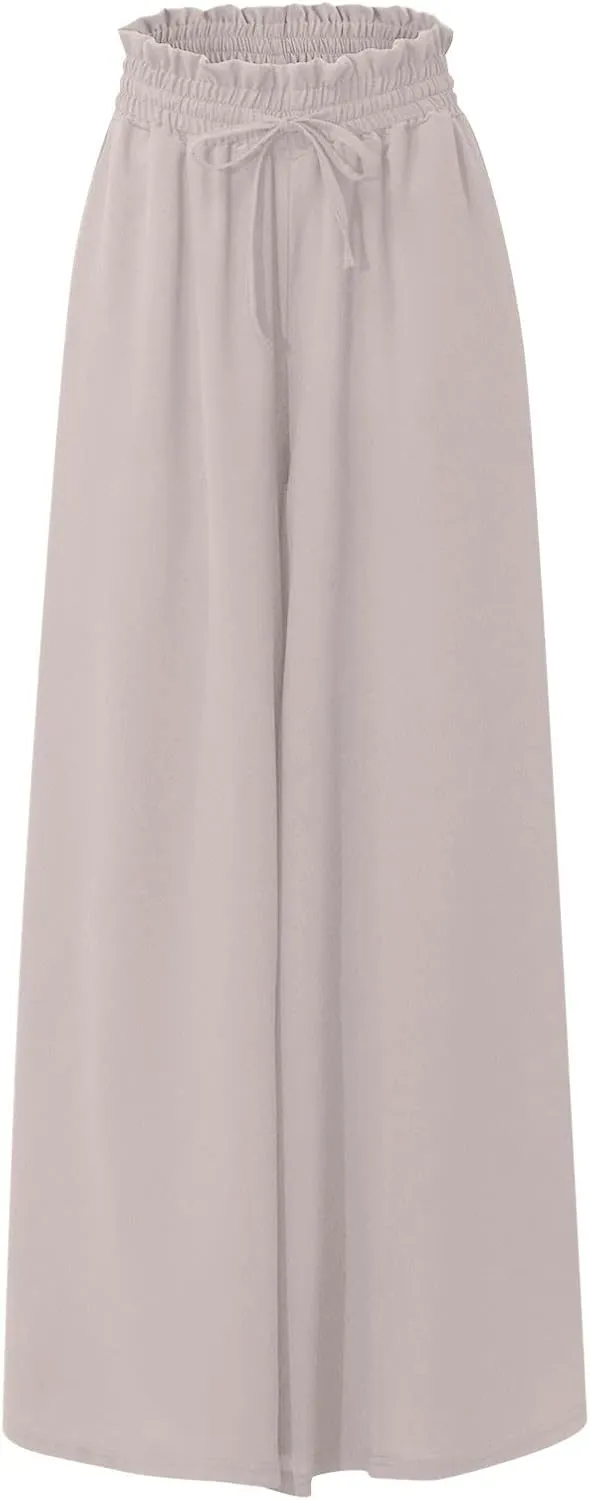 Wide Leg Palazzo Pants for Women Fashion High Waisted Pants Summer Chiffon with Pockets Lounge Solid Drawstring Clothes